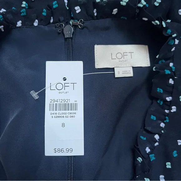 Loft Outlet Dress Women's 8 New NWT Navy Blue Tufted Swiss Dots Midi Ruffles - Picture 3 of 12